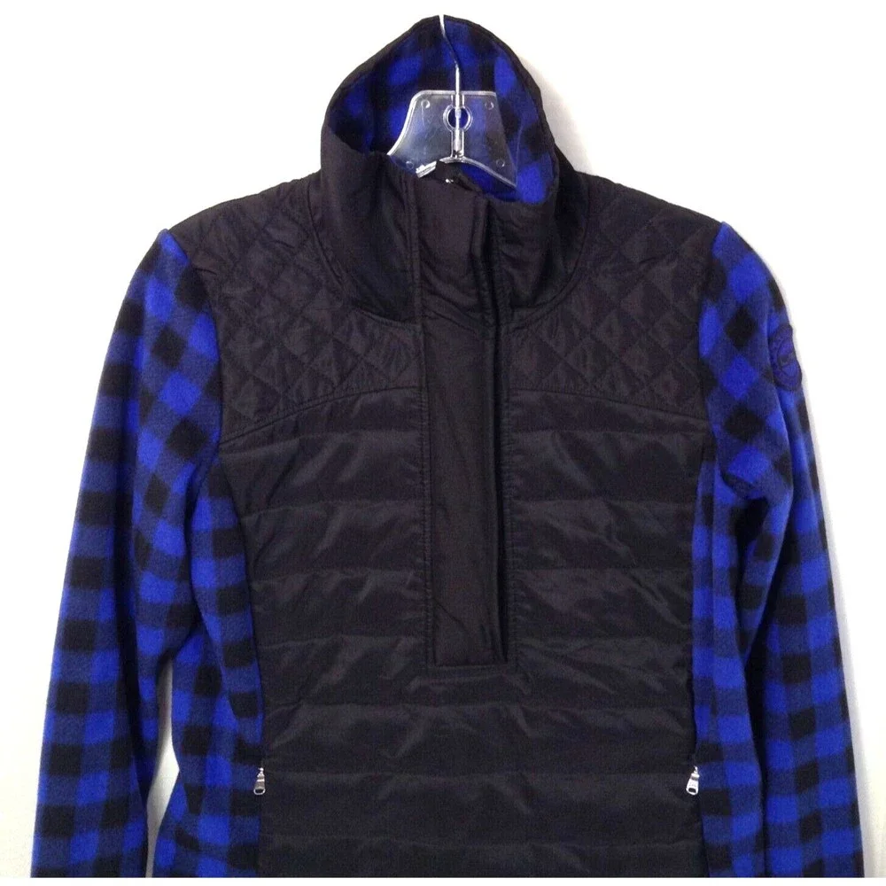 L-RL Lauren Active Jacket Wm PS Blue Black Check 1/2 Zip Quilted Fleece Outdoors